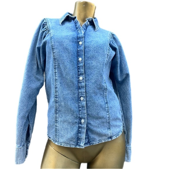 & Other Stories Puff Shoulder Cotton Denim Collared Button Down Shirt size 0 - Picture 4 of 13